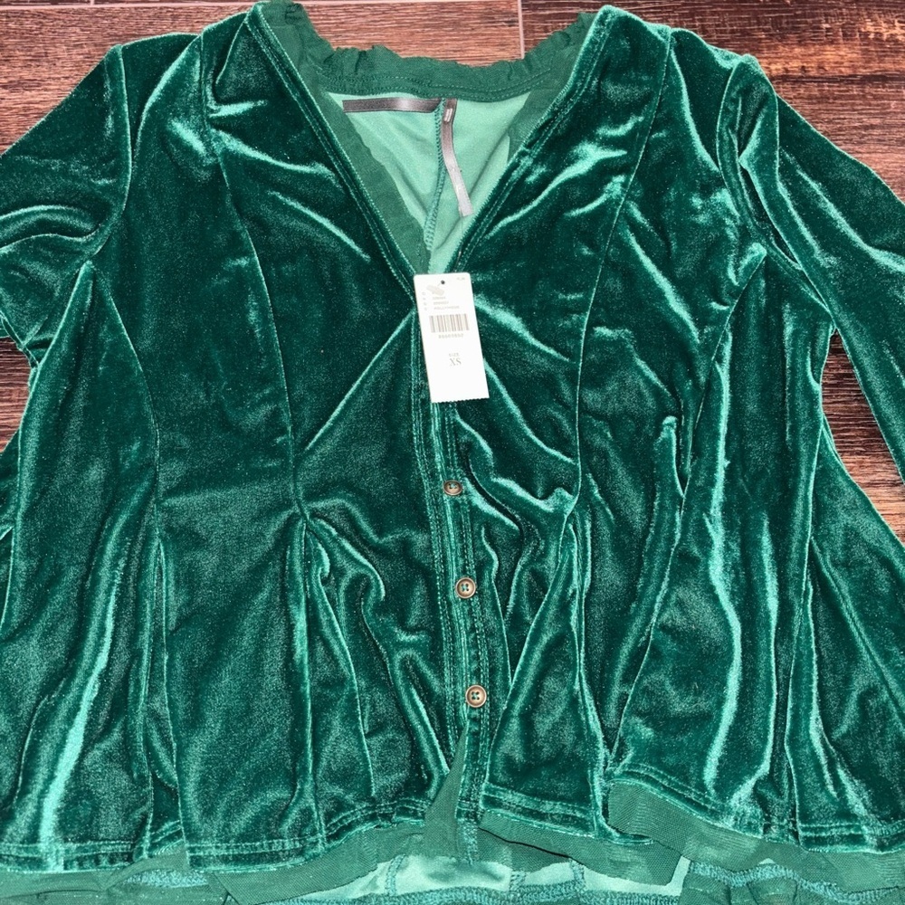 NWT Anthropologie Green Velvet Peasant Women's Top - Picture 2 of 6